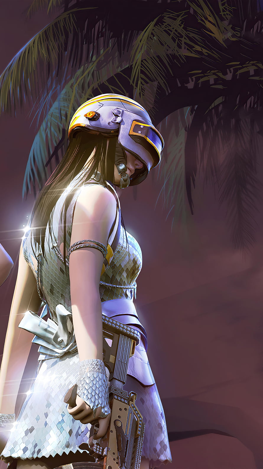 PUBG Female Character in Silver Scale Dress and Helmet Holding Weapon Under Palm Trees HD phone wallpaper
