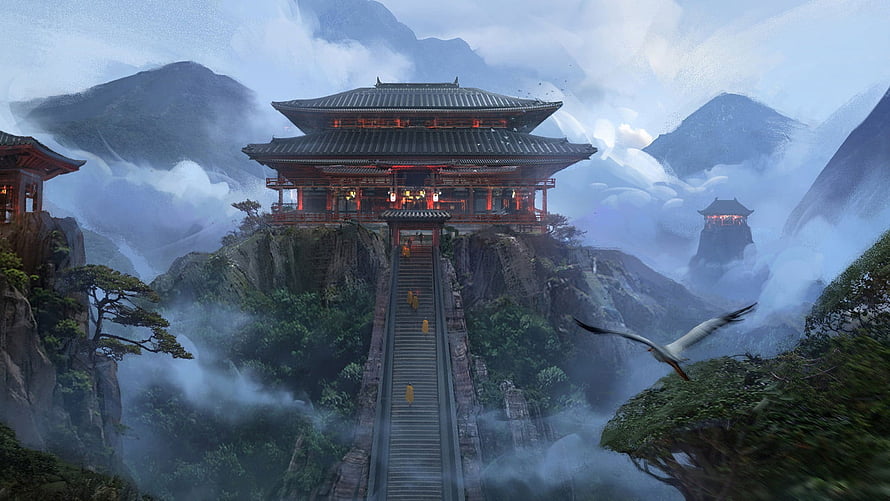 Mystical Japanese Temple Perched on Misty Mountain Peak with Cranes and Pagodas HD wallpaper