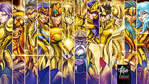Saint Seiya Gold Saints in Golden Armor with Master HD wallpaper