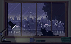 Pixel Art Cat Silhouette Watching Rainy City Skyline Through Window at Night HD wallpaper