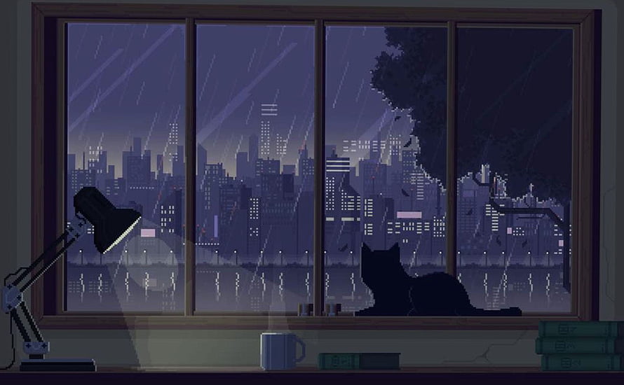 Pixel Art Cat Silhouette Watching Rainy City Skyline Through Window at Night HD wallpaper