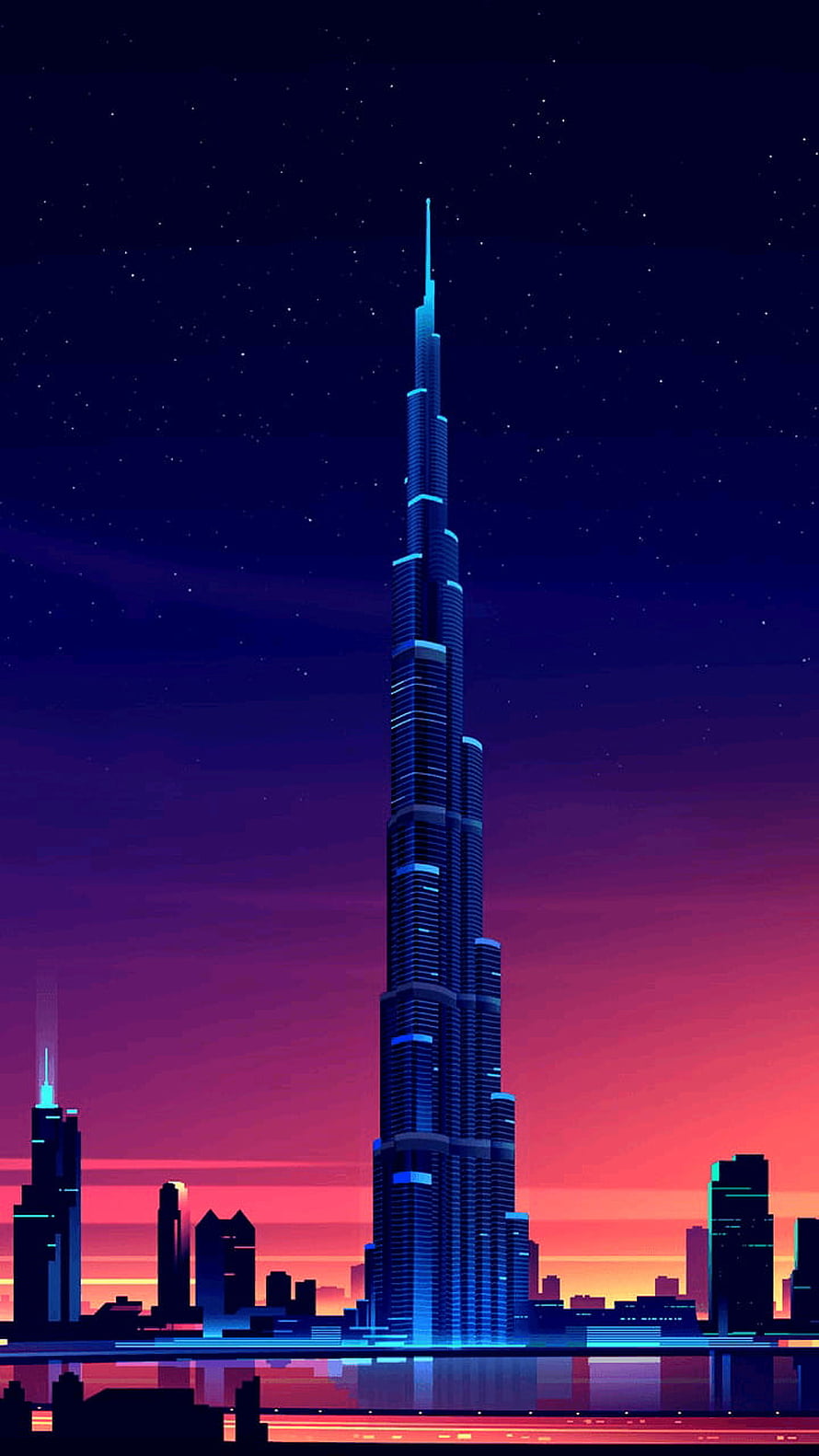 Burj Khalifa Tower Digital Art with Neon Skyline and Starry Night Sky HD phone wallpaper