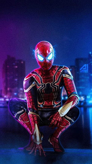 Spider-Man in Iron Spider Armor Crouching on a Rooftop at Night HD phone wallpaper