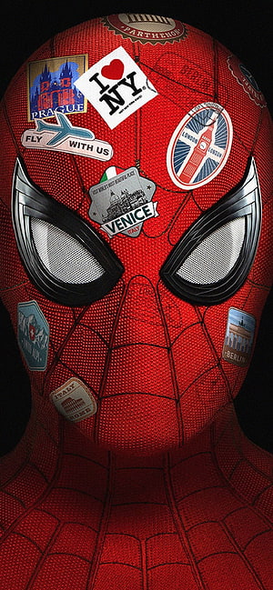 Spider-Man Travel Sticker Mask with Global City Landmarks and Passport Stamps HD phone wallpaper