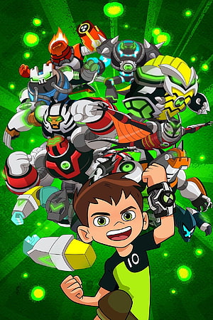 Ben 10 Reboot Hero with Omnitrix and Alien Forms on Green Background HD phone wallpaper