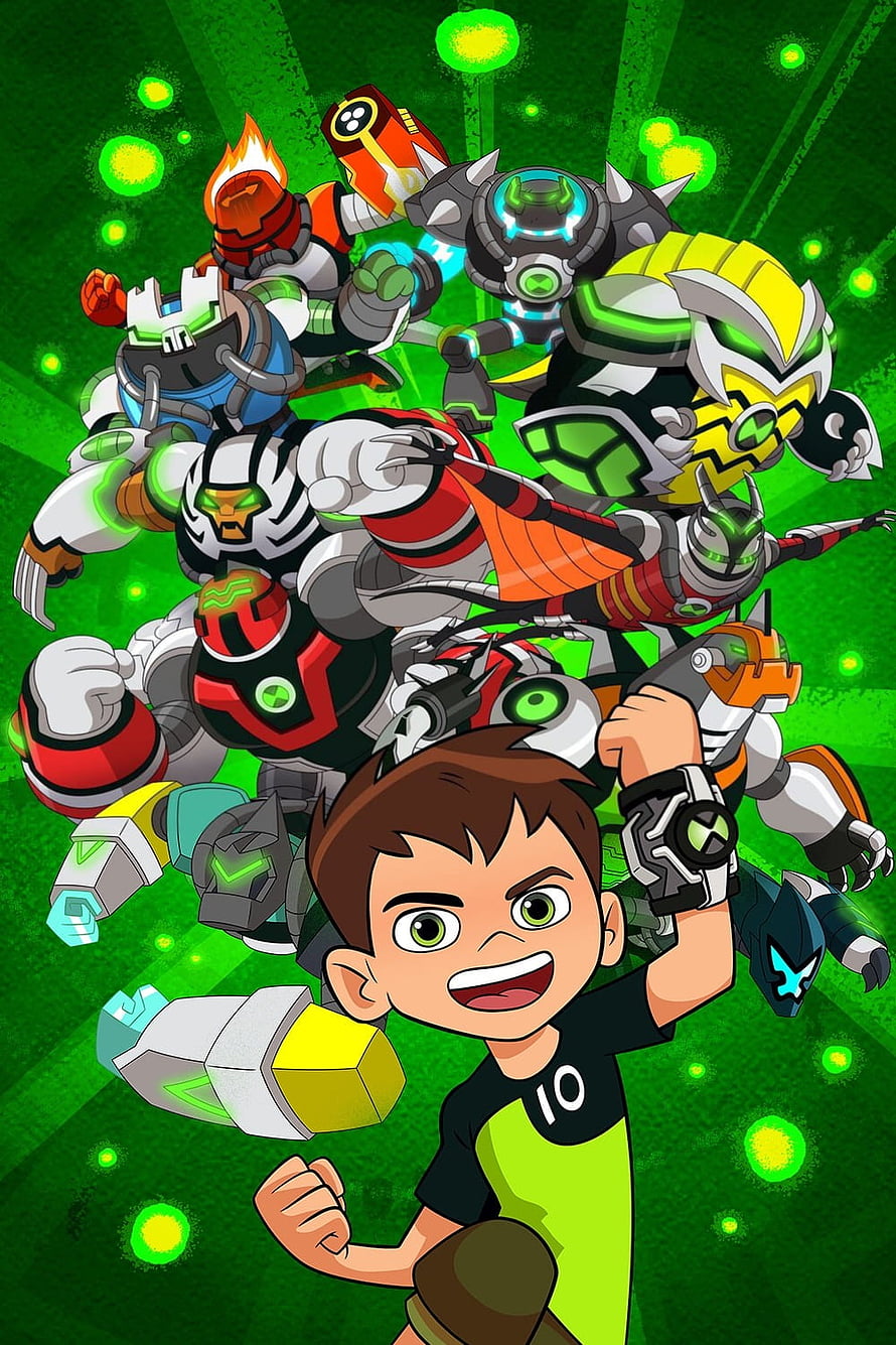Ben 10 Reboot Hero with Omnitrix and Alien Forms on Green Background HD phone wallpaper
