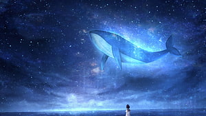 Giant Glowing Whale Floating in Starry Night Sky Above a Girl on the Ocean HD wallpaper