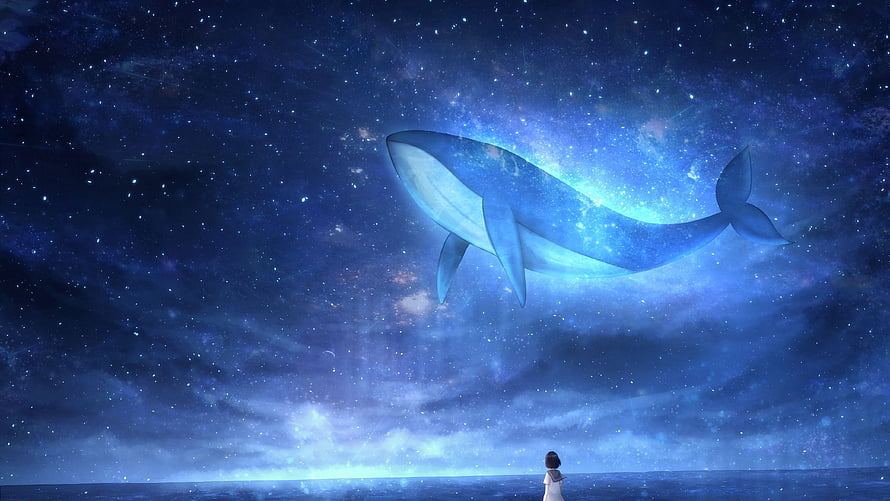 Giant Glowing Whale Floating in Starry Night Sky Above a Girl on the Ocean HD wallpaper