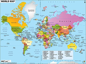 Colorful Political World Map with Country Borders and Ocean Labels HD wallpaper