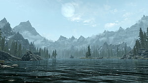 Misty Mountain Lake with Pine Forest and Moonlit Sky in a Fantasy Video Game Landscape HD wallpaper