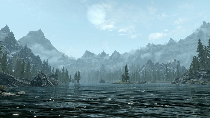 Misty Mountain Lake with Pine Forest and Moonlit Sky in a Fantasy Video Game Landscape HD wallpaper