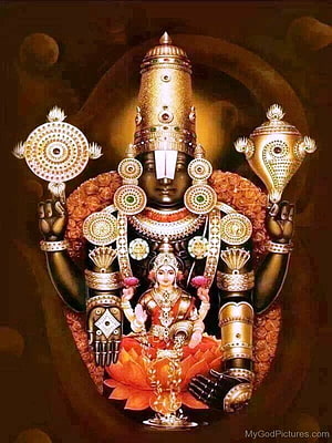 Lord Venkateswara with ornate golden crown and lotus throne in traditional Indian devotional art HD phone wallpaper