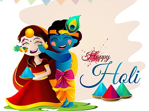 Radha Krishna Celebrating Holi Festival with Colorful Powder and Traditional Attire HD wallpaper