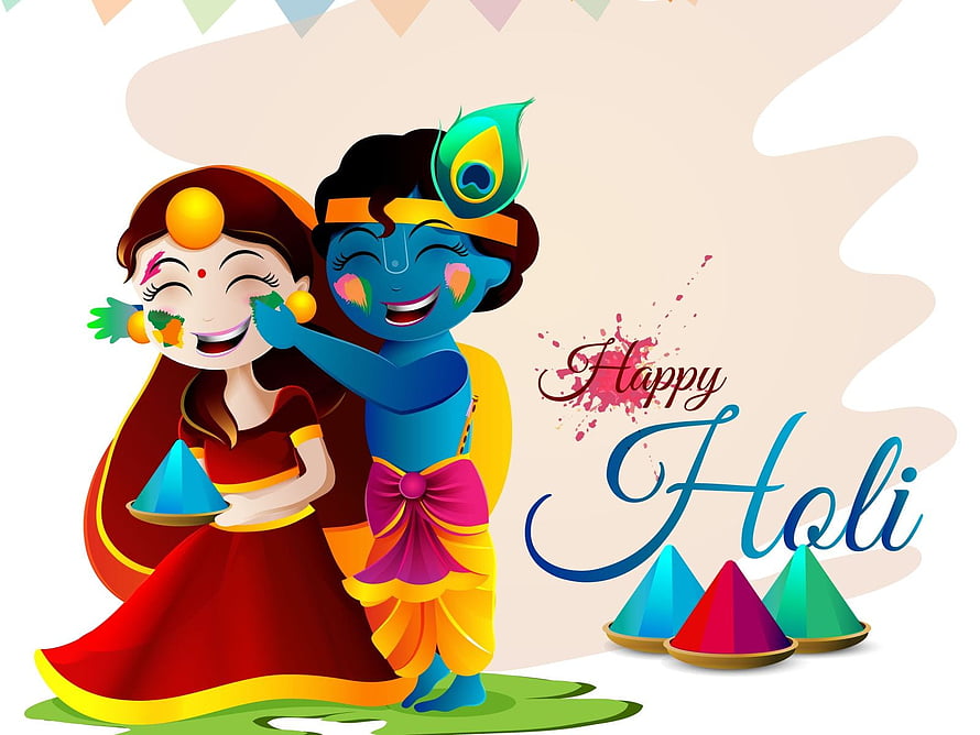 Radha Krishna Celebrating Holi Festival with Colorful Powder and Traditional Attire HD wallpaper