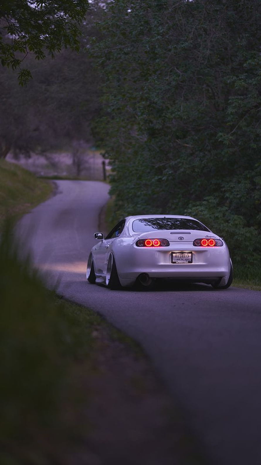 White Toyota Supra Driving on a Winding Forest Road at Dusk HD phone wallpaper
