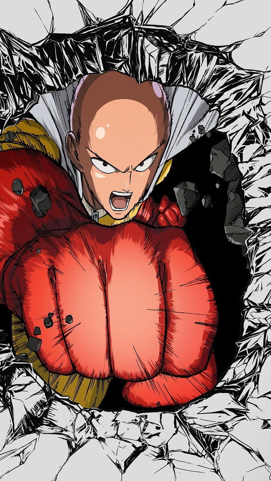Saitama One Punch Man Breaking Through Rock in Red Suit HD phone wallpaper