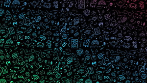 Neon Doodle Pattern Wallpaper with Pop Culture Icons on Black Background HD wallpaper