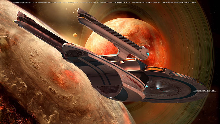 Star Trek USS Enterprise NCC-1701-E Starship Flying Past Ringed Gas Giant Planet HD wallpaper