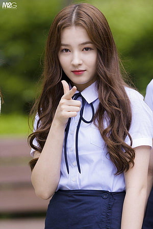 Nancy from Momoland in a striped school uniform shirt with a navy ribbon tie HD phone wallpaper