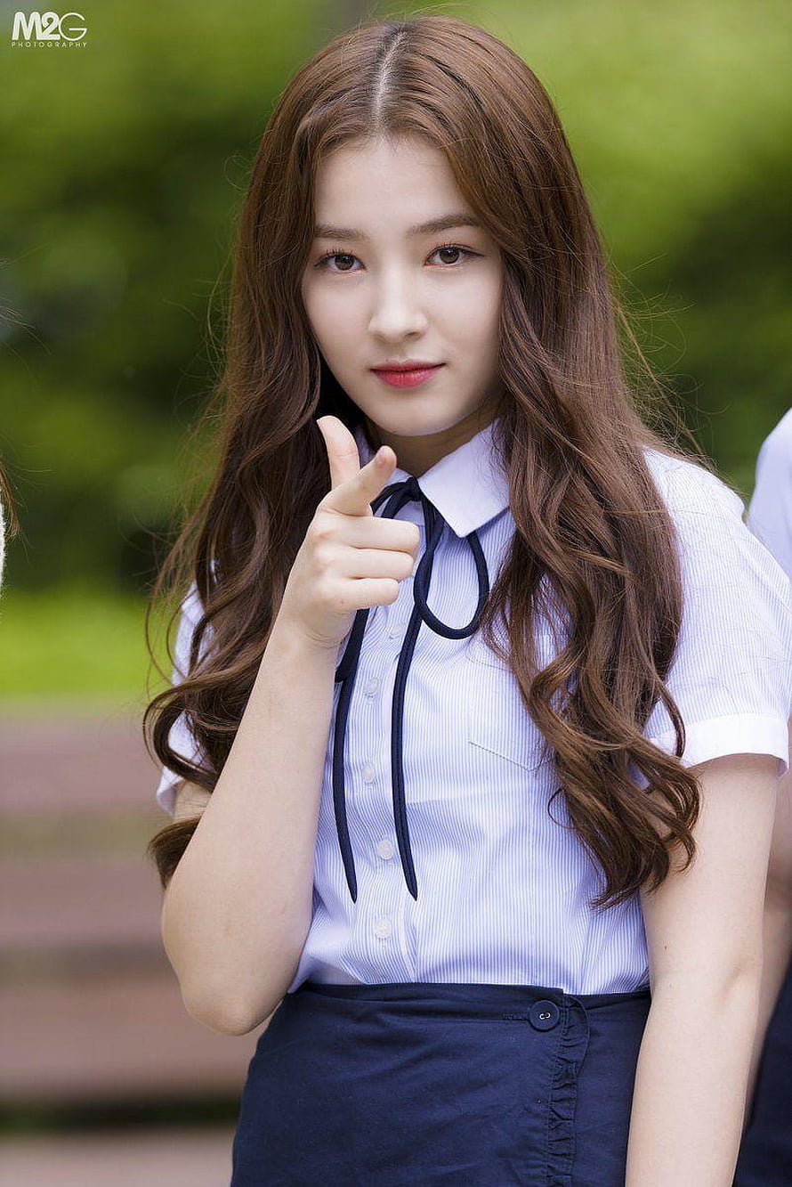 Nancy from Momoland in a striped school uniform shirt with a navy ribbon tie HD phone wallpaper