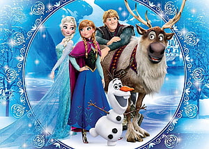 Frozen Movie Characters Elsa Anna Kristoff Olaf and Sven in Winter Wonderland HD wallpaper