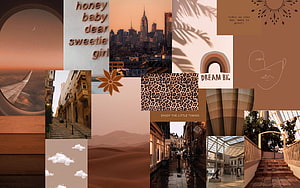 Warm Brown Aesthetic Mood Board With City Skyline, Desert Dunes, and Retro Typography HD wallpaper