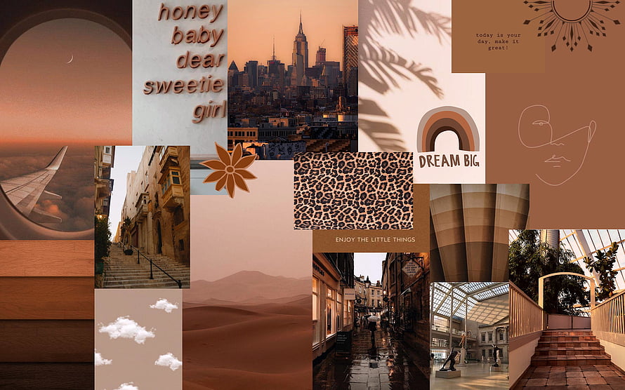 Warm Brown Aesthetic Mood Board With City Skyline, Desert Dunes, and Retro Typography HD wallpaper