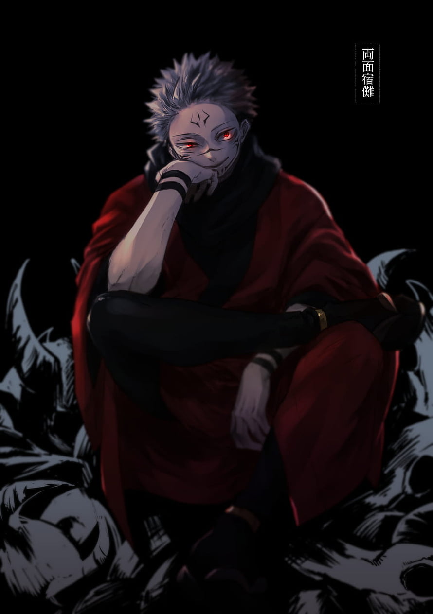 Ryomen Sukuna Anime Character Sitting in Red Robe with Dark Background HD phone wallpaper