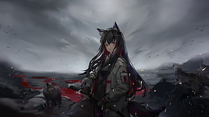Texas from Arknights in a dark battlefield with wolves and a katana under stormy skies HD wallpaper