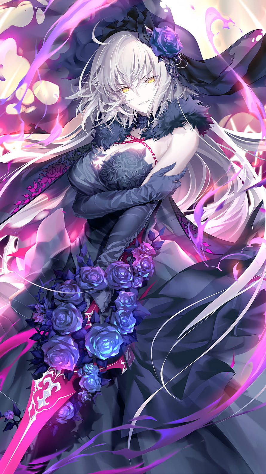 Jeanne Alter from Fate Series in Dark Gothic Dress with Roses and Purple Energy HD phone wallpaper