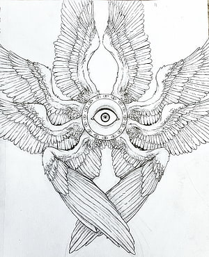 Intricate Black and White Line Art of a Multi-Winged Angel with a Central Eye HD phone wallpaper