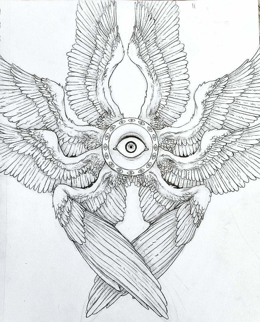 Intricate Black and White Line Art of a Multi-Winged Angel with a Central Eye HD phone wallpaper