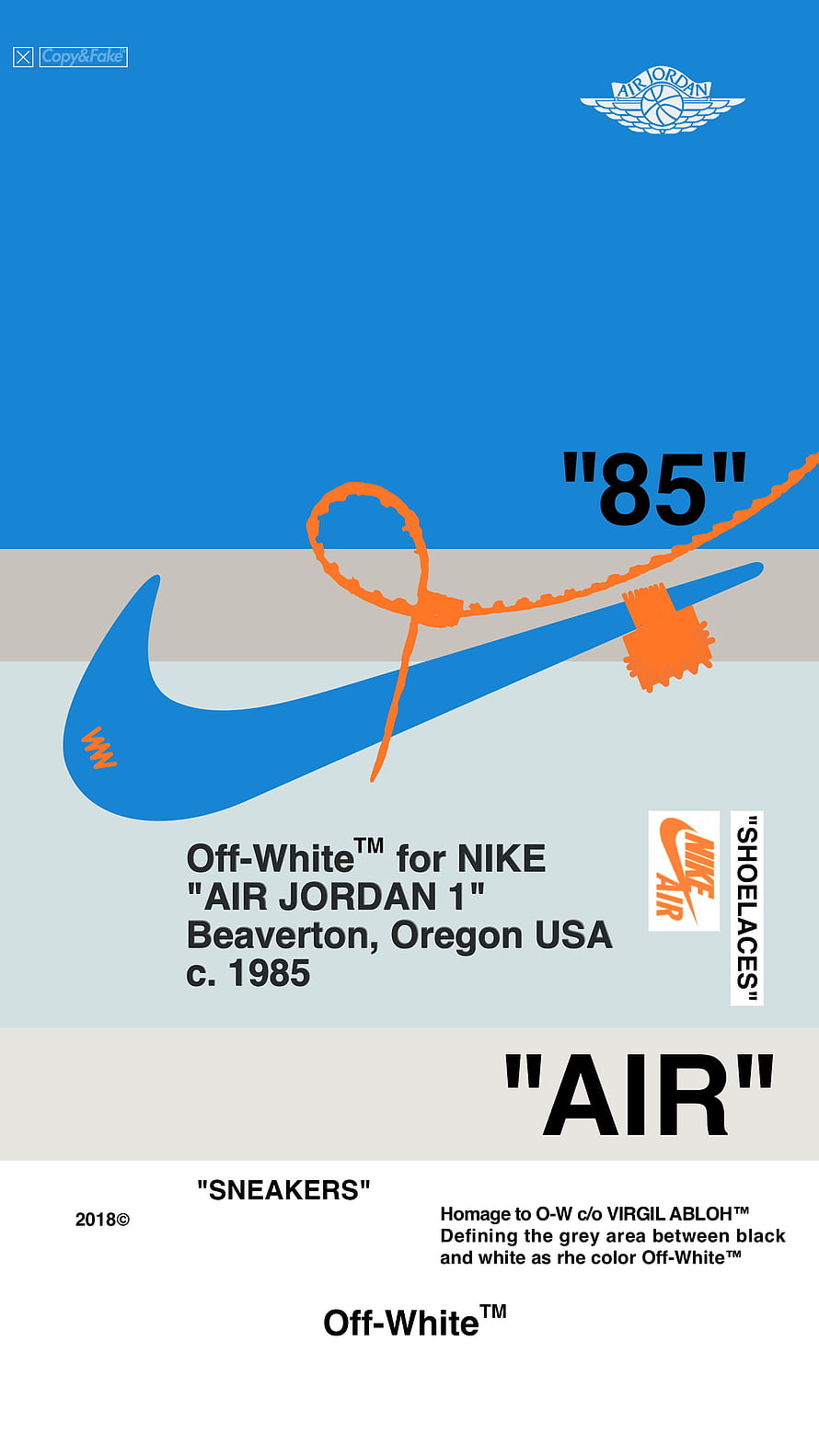 Off-White for Nike Air Jordan 1 Graphic Poster with Blue Swoosh and Orange Shoe Laces HD phone wallpaper