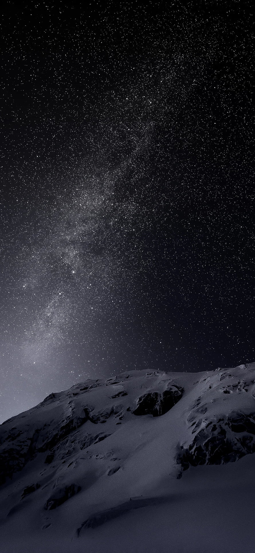 Milky Way Galaxy Rising Over Snow-Covered Mountain Ridge at Night HD phone wallpaper