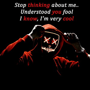 Person in red hoodie pulling down glowing LED mask with X eyes and stitched mouth HD phone wallpaper