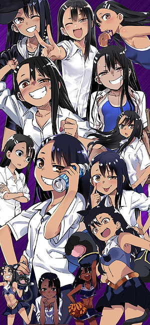 Nagatoro Anime Character Collage with Cheerleader Outfits and Purple Background HD phone wallpaper