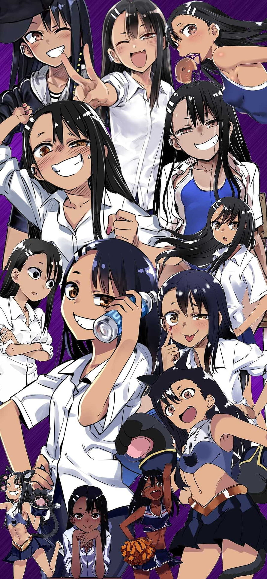 Nagatoro Anime Character Collage with Cheerleader Outfits and Purple Background HD phone wallpaper