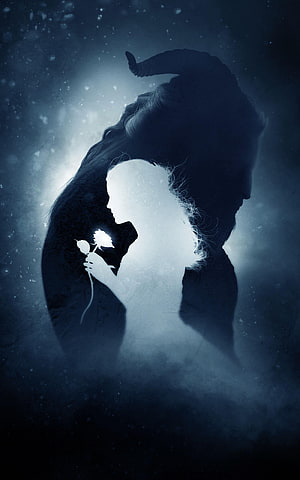 Beauty and the Beast Silhouette Artwork with Glowing Rose and Dark Horned Figure HD phone wallpaper
