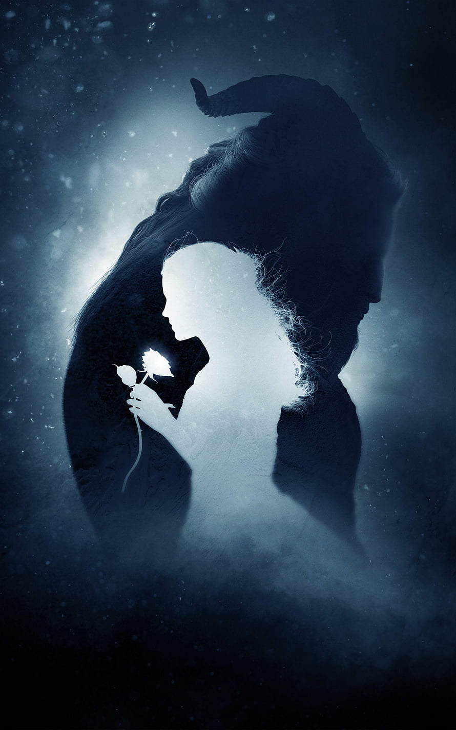 Beauty and the Beast Silhouette Artwork with Glowing Rose and Dark Horned Figure HD phone wallpaper