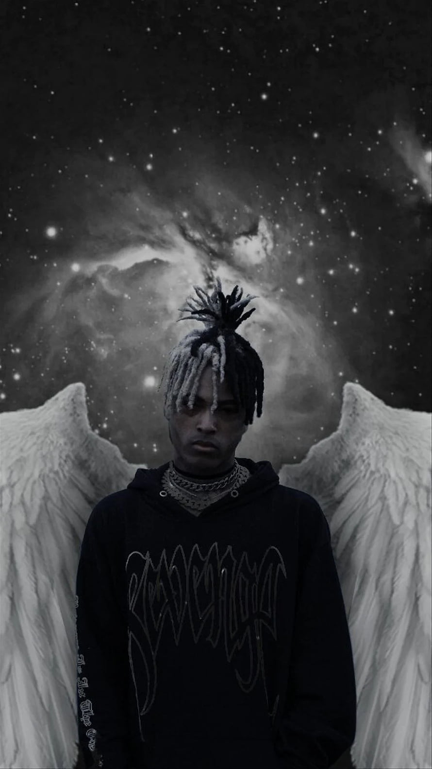 XXXTentacion with angel wings against a starry cosmic nebula background HD phone wallpaper
