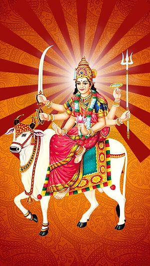 Maa Umiya Riding White Bull with Sword and Trident on Radiant Orange Background HD phone wallpaper