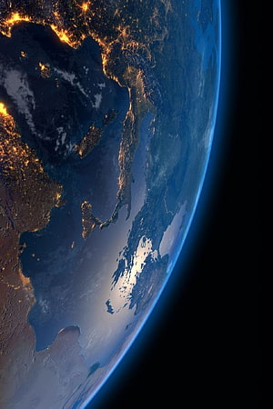 Earth at Night from Space: City Lights and Blue Atmosphere Glow HD phone wallpaper