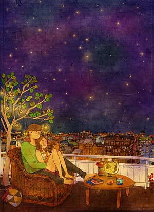 Puuung Illustration of a Couple Relaxing on a Balcony Under a Starry Night Sky HD phone wallpaper