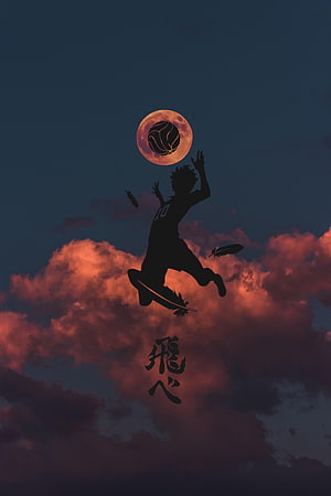 Hinata Silhouette Jumping for Volleyball Against Dramatic Sunset Sky HD phone wallpaper