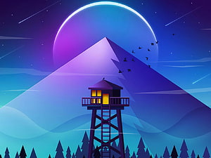 Firewatch Tower at Night with Glowing Windows and Starry Sky HD wallpaper