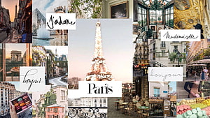Paris Aesthetic Collage Featuring Eiffel Tower, Macarons, and French Street Scenes HD wallpaper