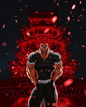 Yujiro Hanma from Baki in a Dark Red Temple Setting with Glowing Eyes and Petals HD phone wallpaper