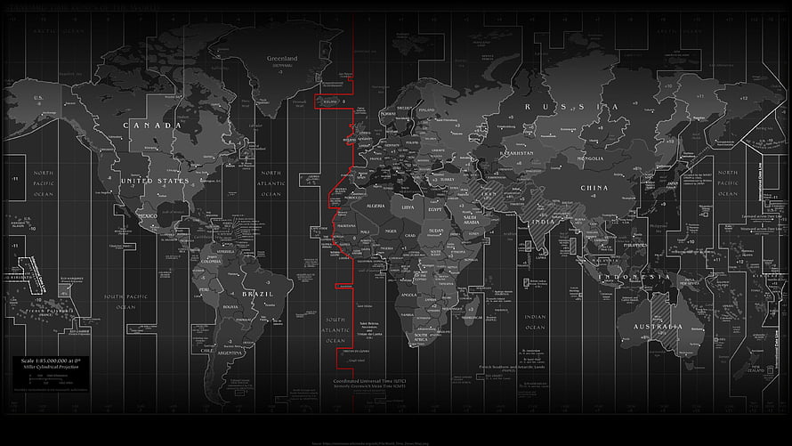 Dark World Time Zone Map with UTC Grid and Red Meridian Line HD wallpaper