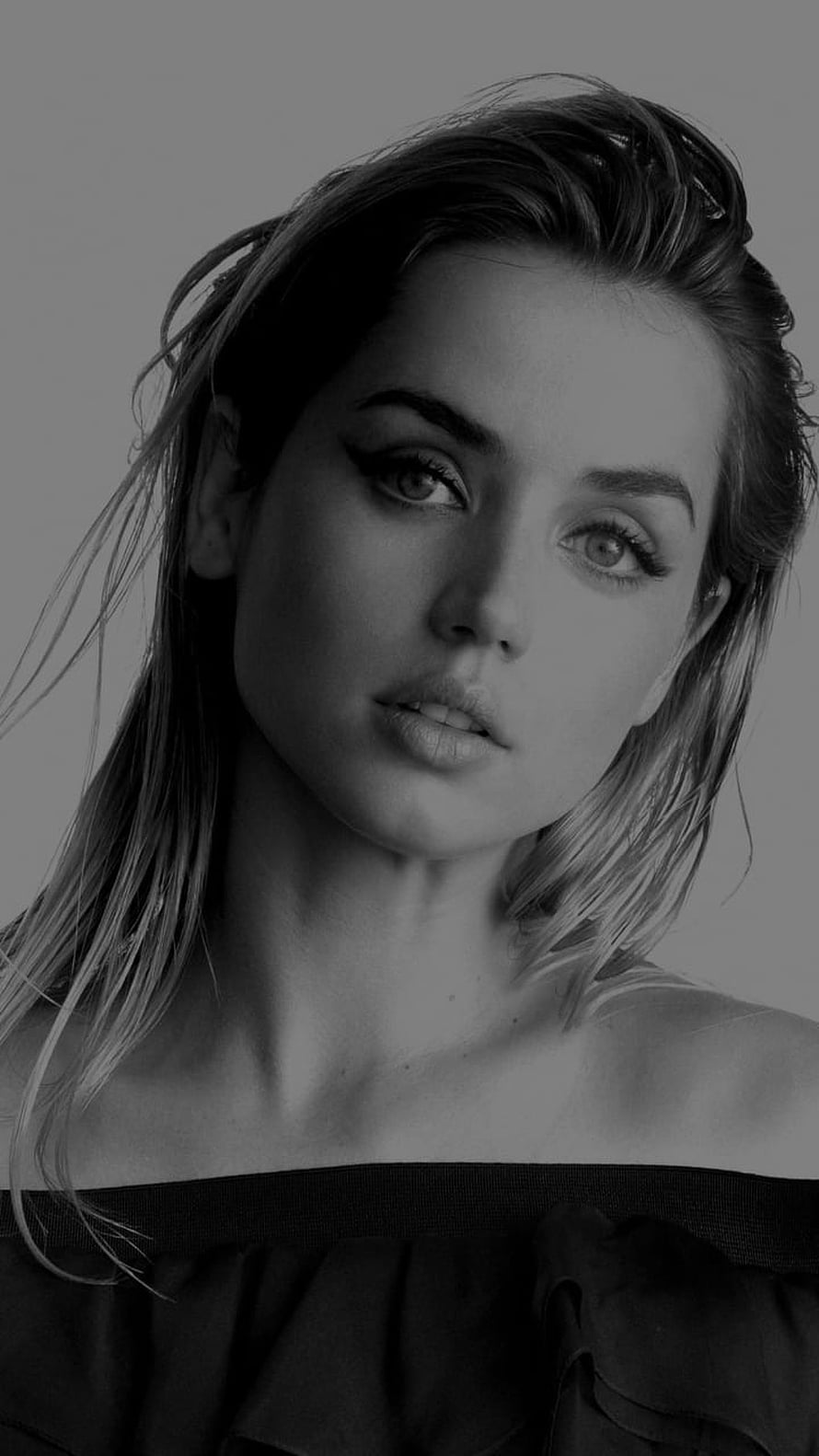 Ana De Armas Black and White Portrait with Dramatic Makeup and Wet Hair HD phone wallpaper