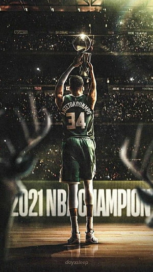 Giannis Antetokounmpo Raising the 2021 NBA Championship Trophy in Boston Celtics Jersey HD phone wallpaper